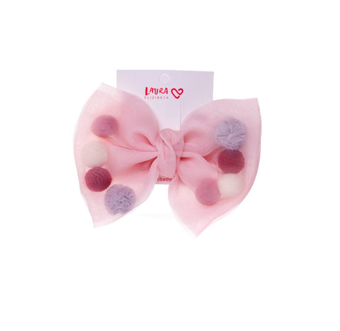 MINI LARGE SHEER POM POM BOW PINK