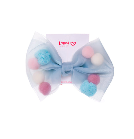 MINI LARGE SHEER POM POM BOW BLUE