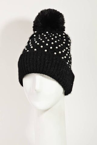 Collections by Fame Accessories - Pearl Studded Pom Beanie: BK